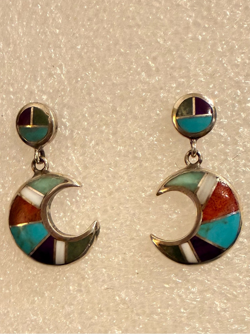 Vintage Zuni Style Mosaic Inlay Turquoise Coral Onyx Sterling Silver Earrings